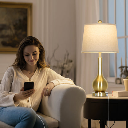 Brass Table Lamp with USB & Type-C Charging, 3000K LED Bulb, Oatmeal Linen Shade - Set of 2