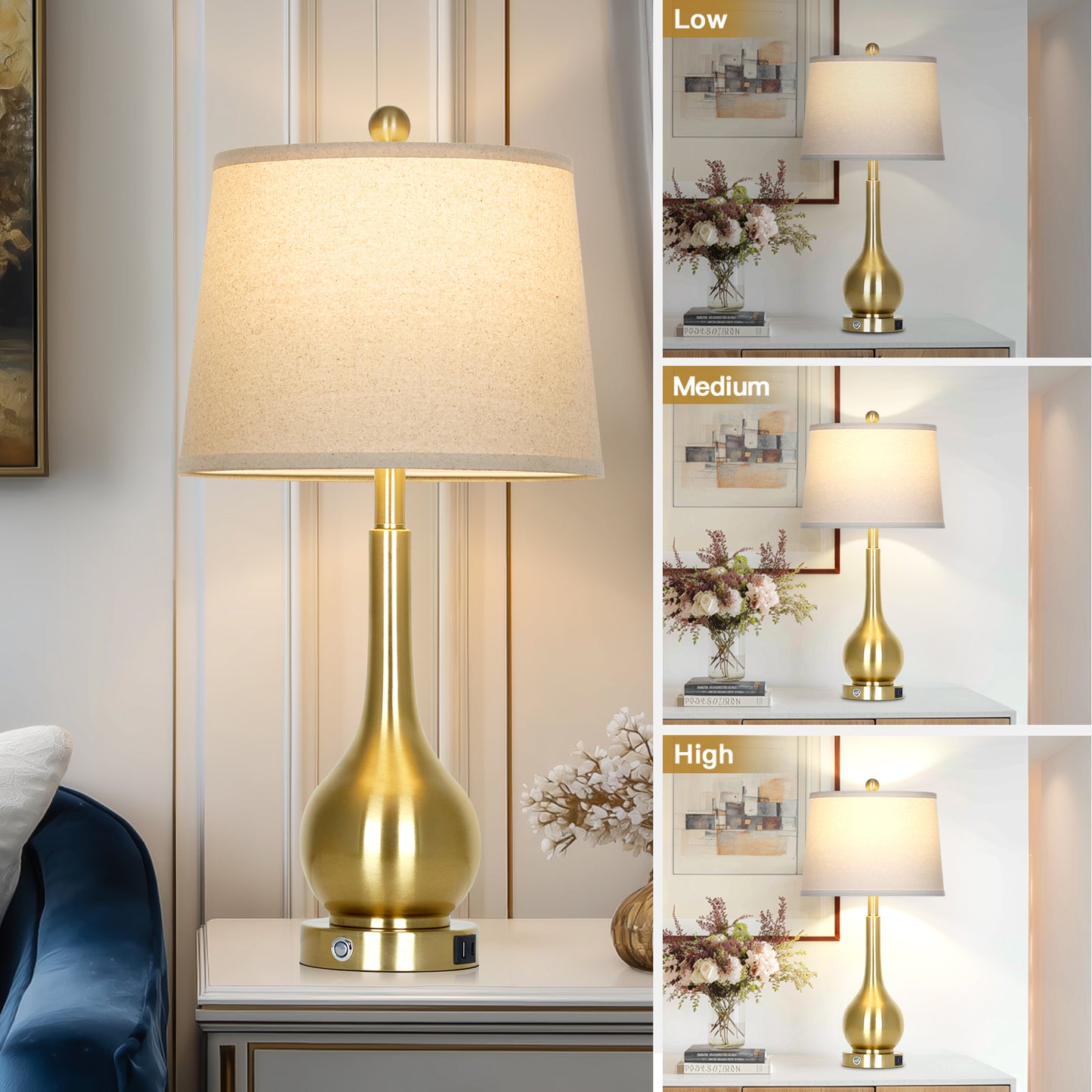 26" Gold Brass Table Lamp Set of 2, Modern Linen Shade with USB & Type-C Charging, Includes 9W Dimmable LED Bulb, Touch Control(Set of 2)