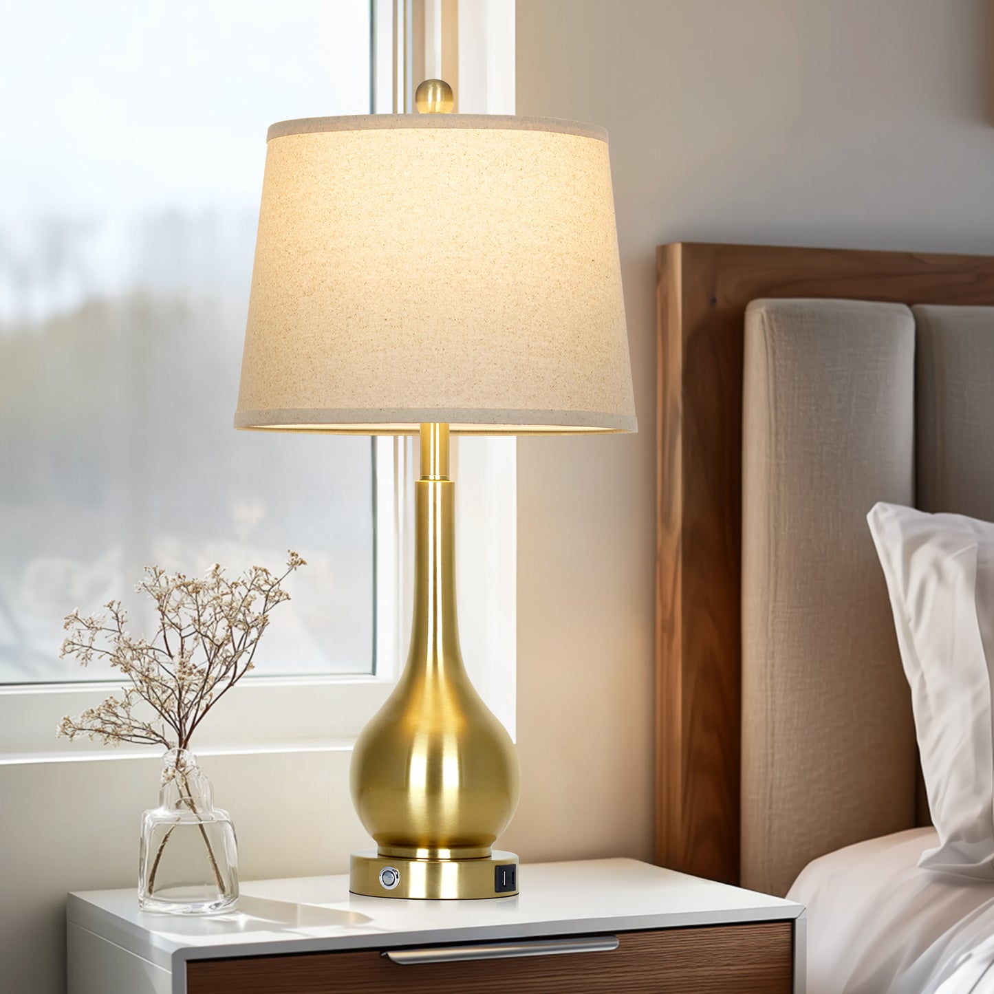 26" Gold Brass Table Lamp Set of 2, Modern Linen Shade with USB & Type-C Charging, Includes 9W Dimmable LED Bulb, Touch Control(Set of 2)