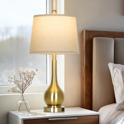 26" Gold Brass Table Lamp Set of 2, Modern Linen Shade with USB & Type-C Charging, Includes 9W Dimmable LED Bulb, Touch Control(Set of 2)