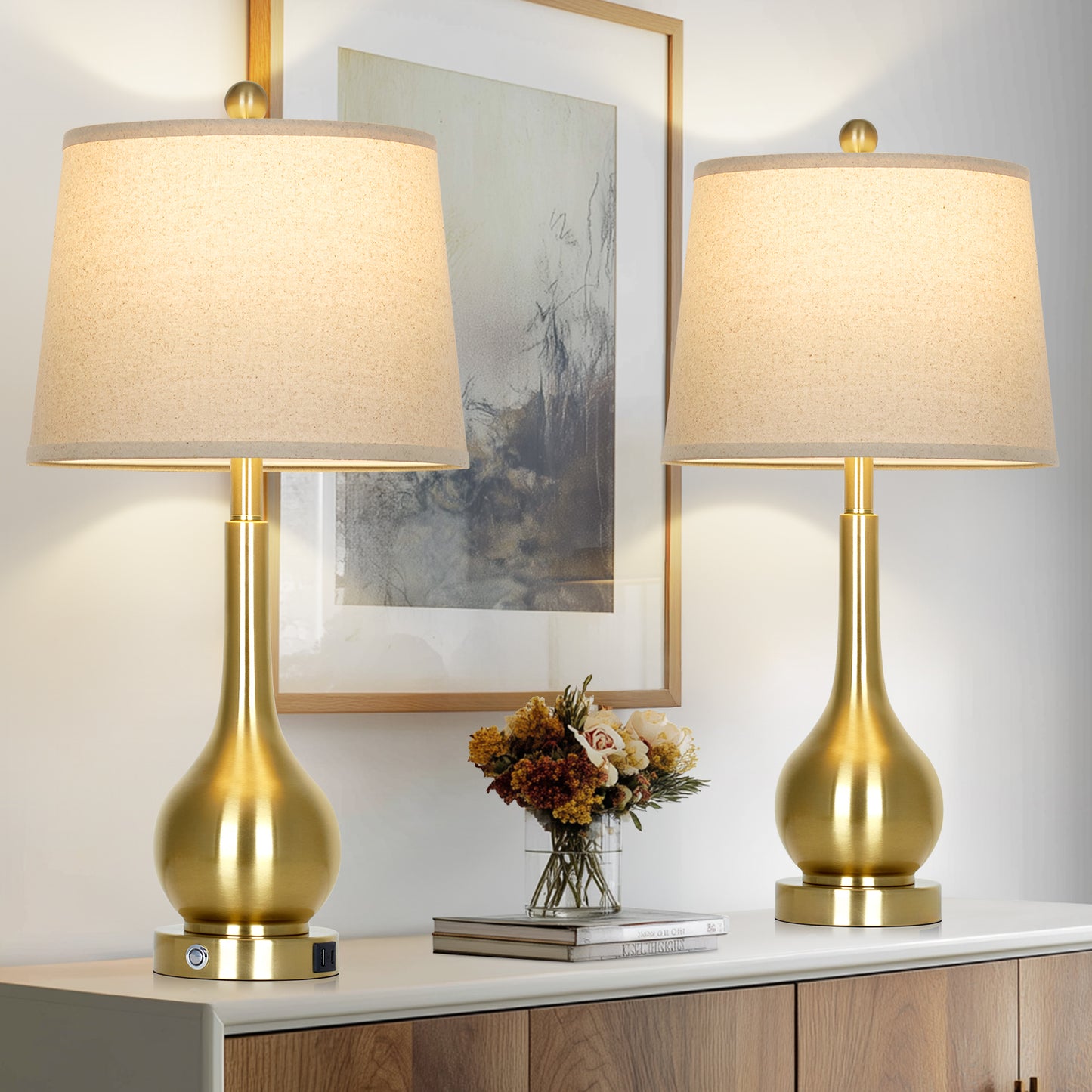 Brass Table Lamp with USB & Type-C Charging, 3000K LED Bulb, Oatmeal Linen Shade - Set of 2