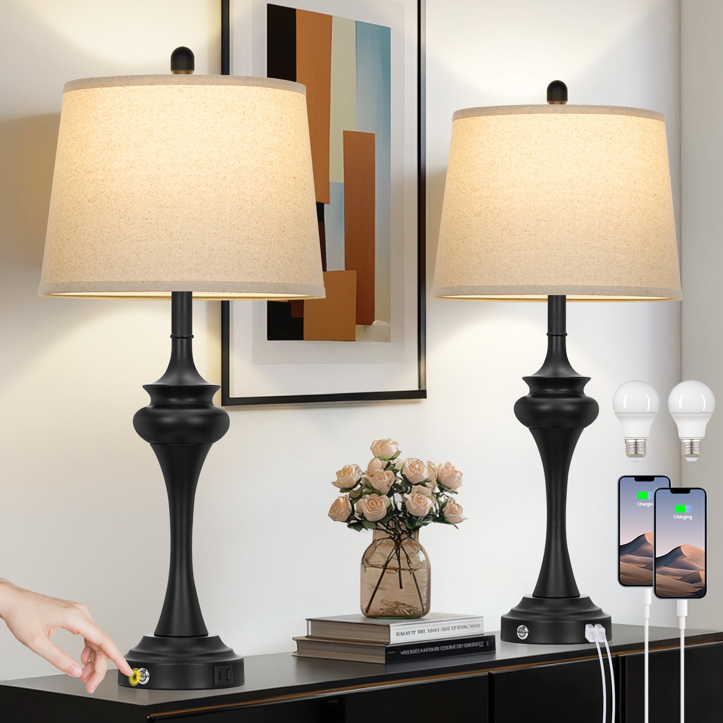 Modern Farmhouse Table Lamp Set – 30" Black Base with Oatmeal Linen Shade, 9W LED Bulb & USB-C Charging Port – 2-Pack