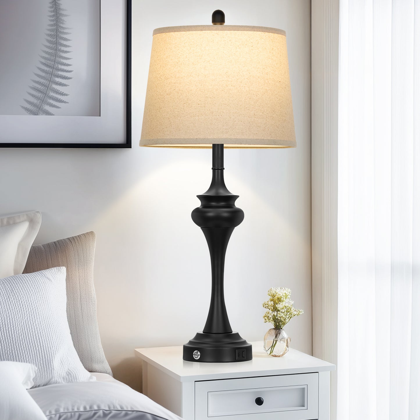 Modern Farmhouse Table Lamp Set – 30" Black Base with Oatmeal Linen Shade, 9W LED Bulb & USB-C Charging Port – 2-Pack