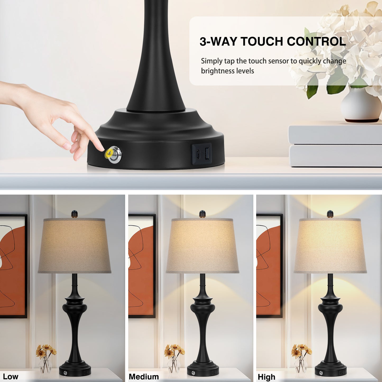 Modern Farmhouse Table Lamp Set – 30" Black Base with Oatmeal Linen Shade, 9W LED Bulb & USB-C Charging Port – 2-Pack