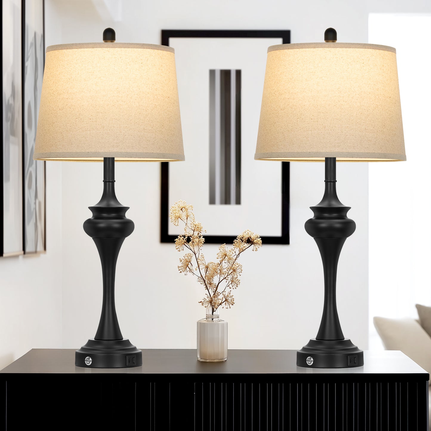 Modern Farmhouse Table Lamp Set – 30" Black Base with Oatmeal Linen Shade, 9W LED Bulb & USB-C Charging Port – 2-Pack