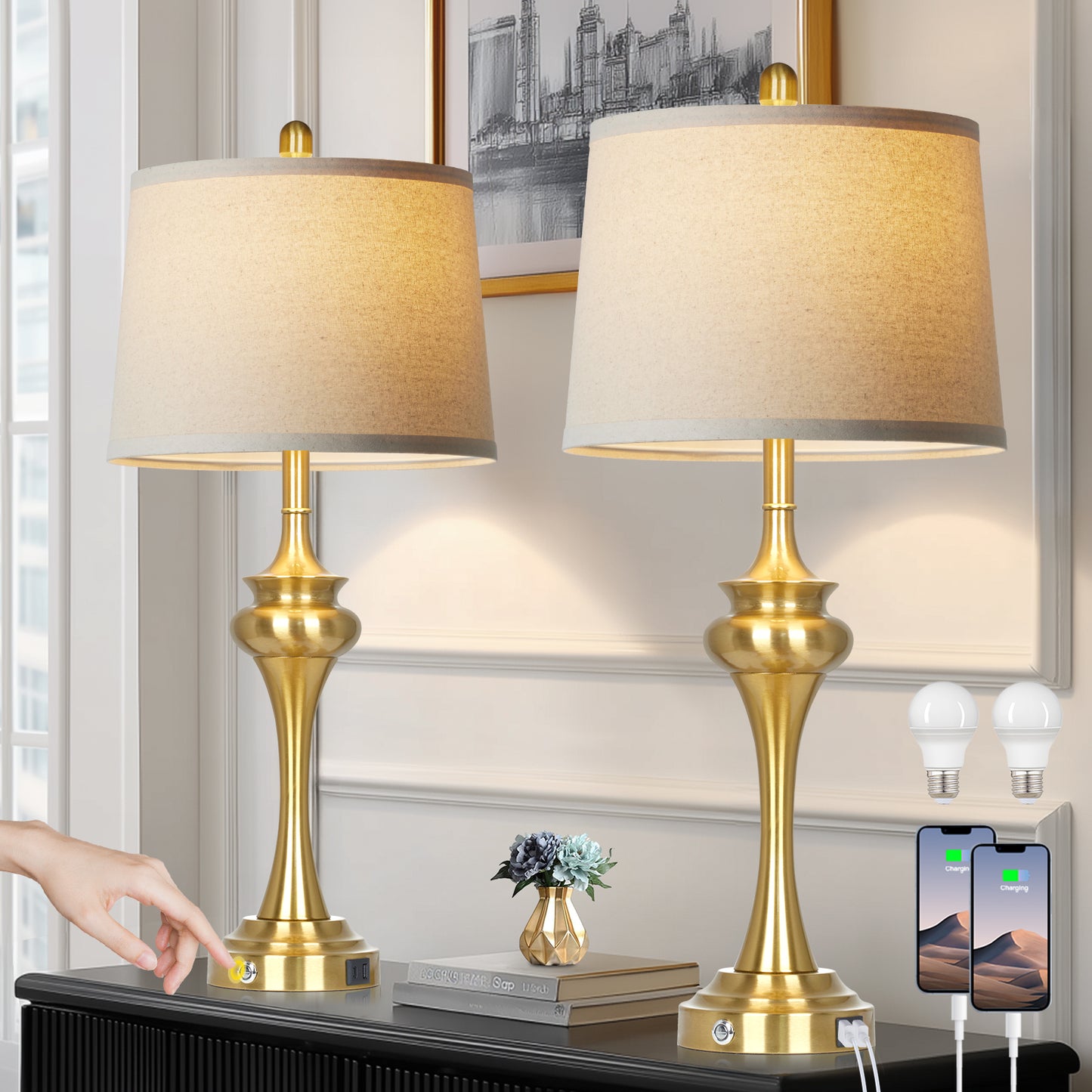 30'' Modern Gold Brass Table Lamp Set of 2 with Oatmeal Linen Shade, E26 LED Dimmable Bulb, USB & Type-C Charging, 3-Way Touch Control(Set of 2)