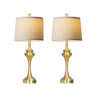 30'' Modern Gold Brass Table Lamp Set of 2 with Oatmeal Linen Shade, E26 LED Dimmable Bulb, USB & Type-C Charging, 3-Way Touch Control(Set of 2)