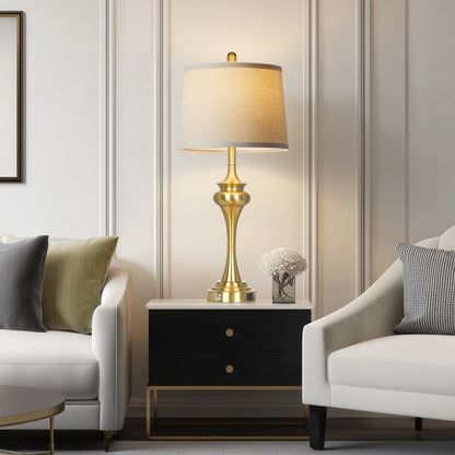 30'' Modern Gold Brass Table Lamp Set of 2 with Oatmeal Linen Shade, E26 LED Dimmable Bulb, USB & Type-C Charging, 3-Way Touch Control(Set of 2)