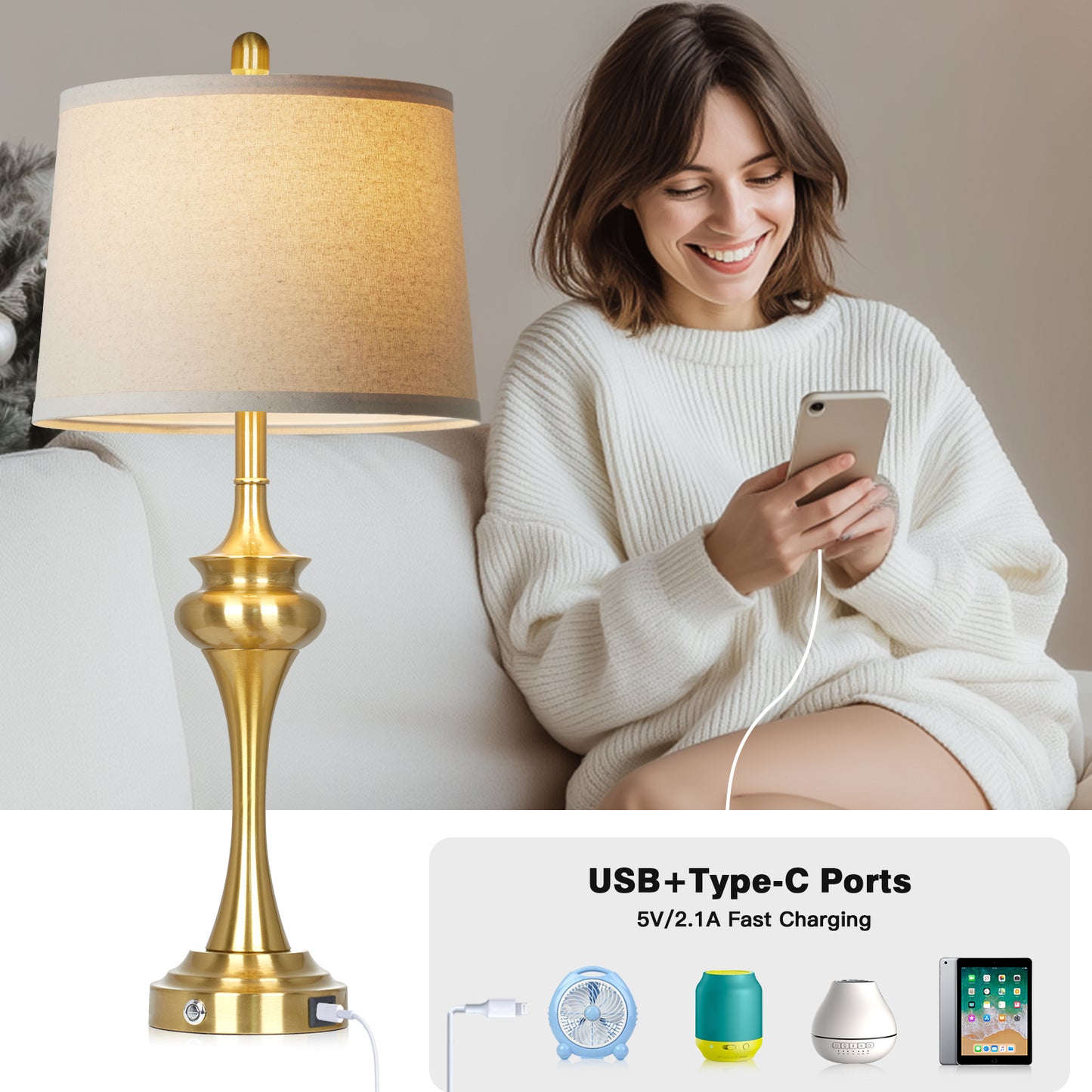 Gold Retro Table Lamp | Modern Bedside Nightstand Lamp with USB & Type-C Ports | Dimmable LED Bulb Includ
