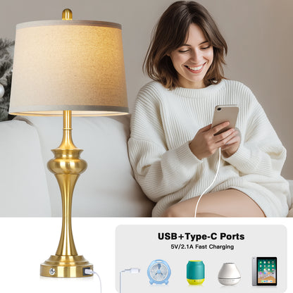 Gold Retro Table Lamp | Modern Bedside Nightstand Lamp with USB & Type-C Ports | Dimmable LED Bulb Includ