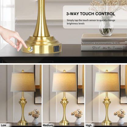 Gold Retro Table Lamp | Modern Bedside Nightstand Lamp with USB & Type-C Ports | Dimmable LED Bulb Includ