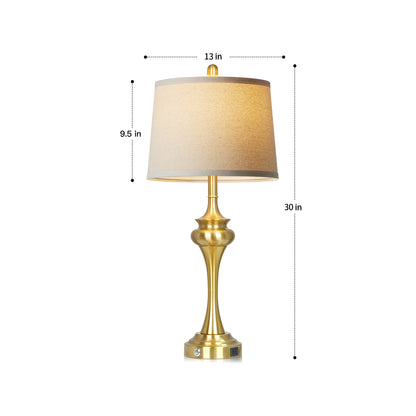 Gold Retro Table Lamp | Modern Bedside Nightstand Lamp with USB & Type-C Ports | Dimmable LED Bulb Includ