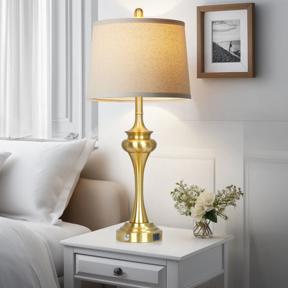 30'' Modern Gold Brass Table Lamp Set of 2 with Oatmeal Linen Shade, E26 LED Dimmable Bulb, USB & Type-C Charging, 3-Way Touch Control(Set of 2)
