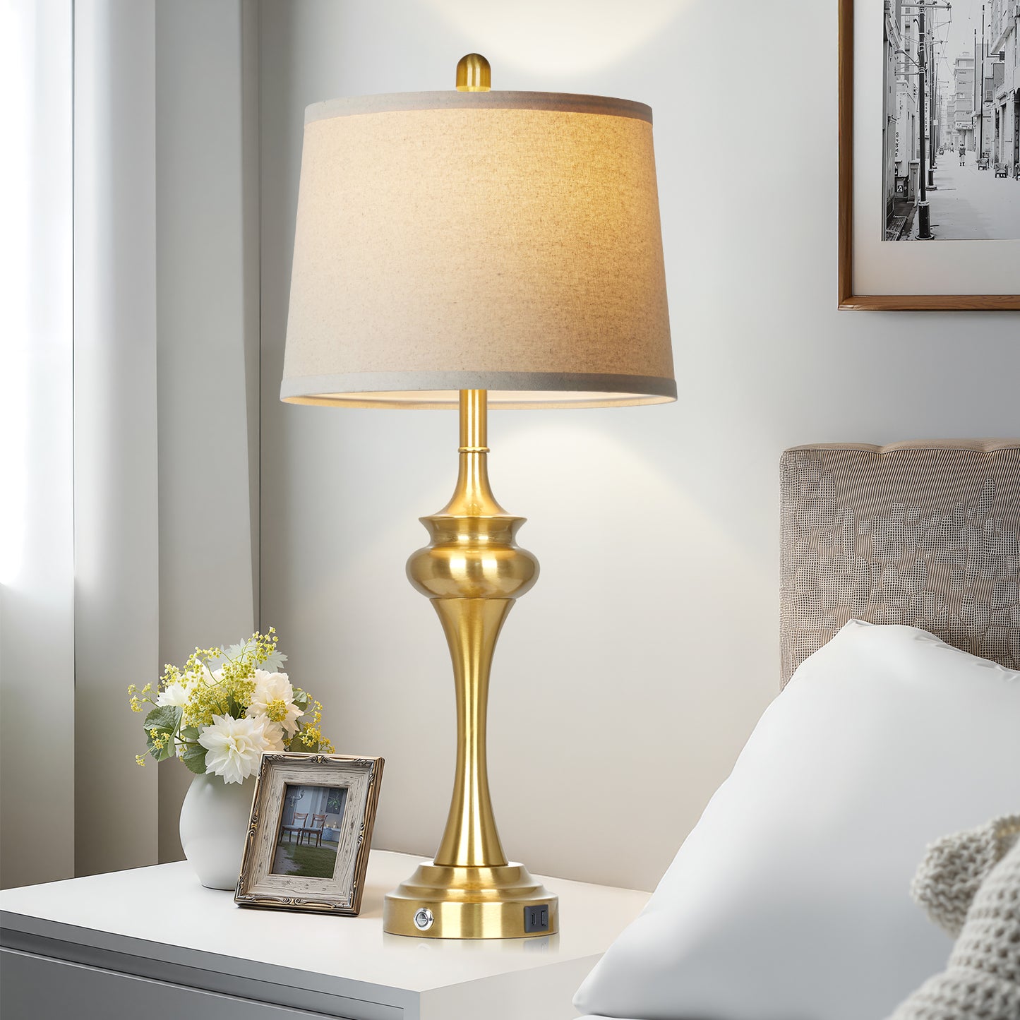 30'' Modern Gold Brass Table Lamp Set of 2 with Oatmeal Linen Shade, E26 LED Dimmable Bulb, USB & Type-C Charging, 3-Way Touch Control(Set of 2)