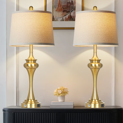 30'' Modern Gold Brass Table Lamp Set of 2 with Oatmeal Linen Shade, E26 LED Dimmable Bulb, USB & Type-C Charging, 3-Way Touch Control(Set of 2)