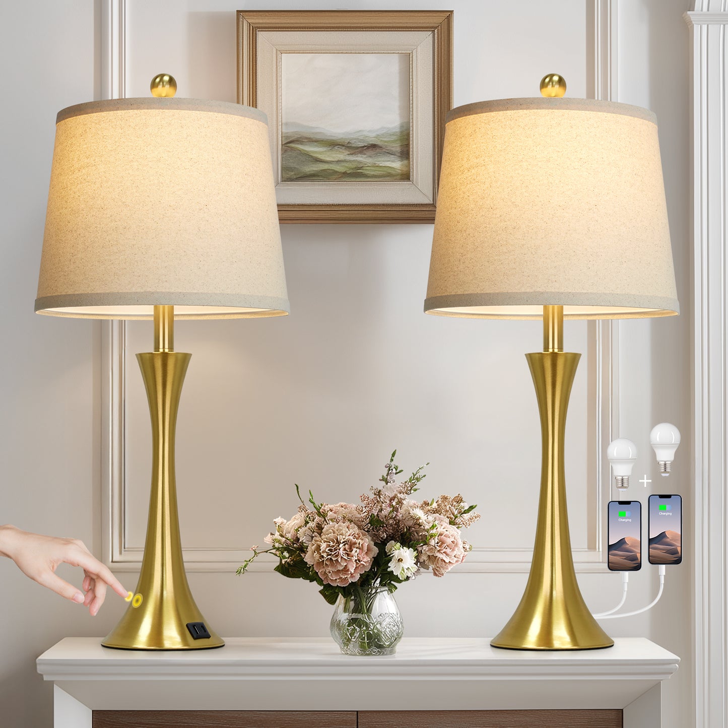 27.5'' Brass Table Lamp Set with Oatmeal Linen Shade & 3-Way Touch Dimmer + USB-C Charging (Set of 2)