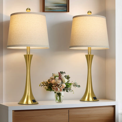 27.5'' Brass Table Lamp Set with Oatmeal Linen Shade & 3-Way Touch Dimmer + USB-C Charging (Set of 2)