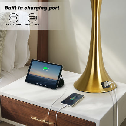 27.5'' Brass Table Lamp Set with Oatmeal Linen Shade & 3-Way Touch Dimmer + USB-C Charging (Set of 2)