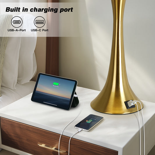 27.5'' Brass Table Lamp Set with Oatmeal Linen Shade & 3-Way Touch Dimmer + USB-C Charging (Set of 2)