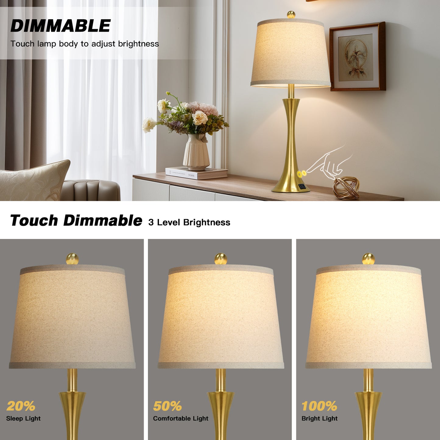 27.5'' Brass Table Lamp Set with Oatmeal Linen Shade & 3-Way Touch Dimmer + USB-C Charging (Set of 2)