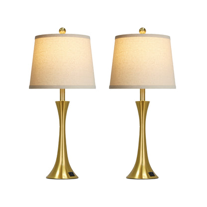 27.5'' Brass Table Lamp Set with Oatmeal Linen Shade & 3-Way Touch Dimmer + USB-C Charging (Set of 2)
