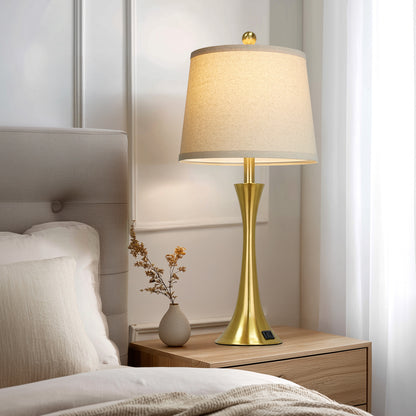 27.5'' Brass Table Lamp Set with Oatmeal Linen Shade & 3-Way Touch Dimmer + USB-C Charging (Set of 2)