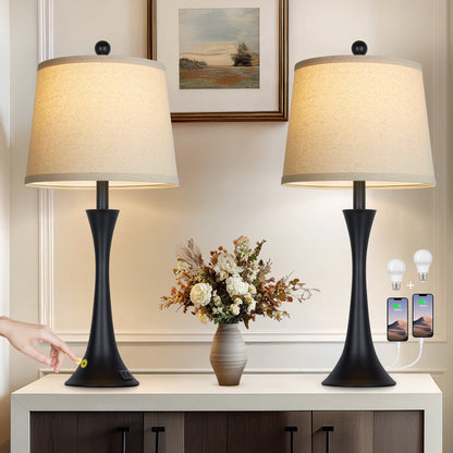 27.5'' Modern Table Lamp Pair – Beige Linen Shade, E26 Socket with Dimmable 9W 3000K LED Bulb, USB & Type-C Ports, 3-Level Touch Control (Set of 2)