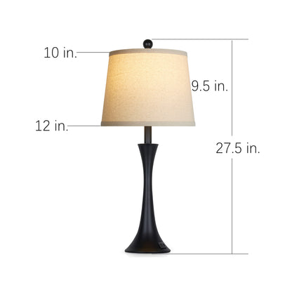 27.5'' Modern Table Lamp Pair – Beige Linen Shade, E26 Socket with Dimmable 9W 3000K LED Bulb, USB & Type-C Ports, 3-Level Touch Control (Set of 2)