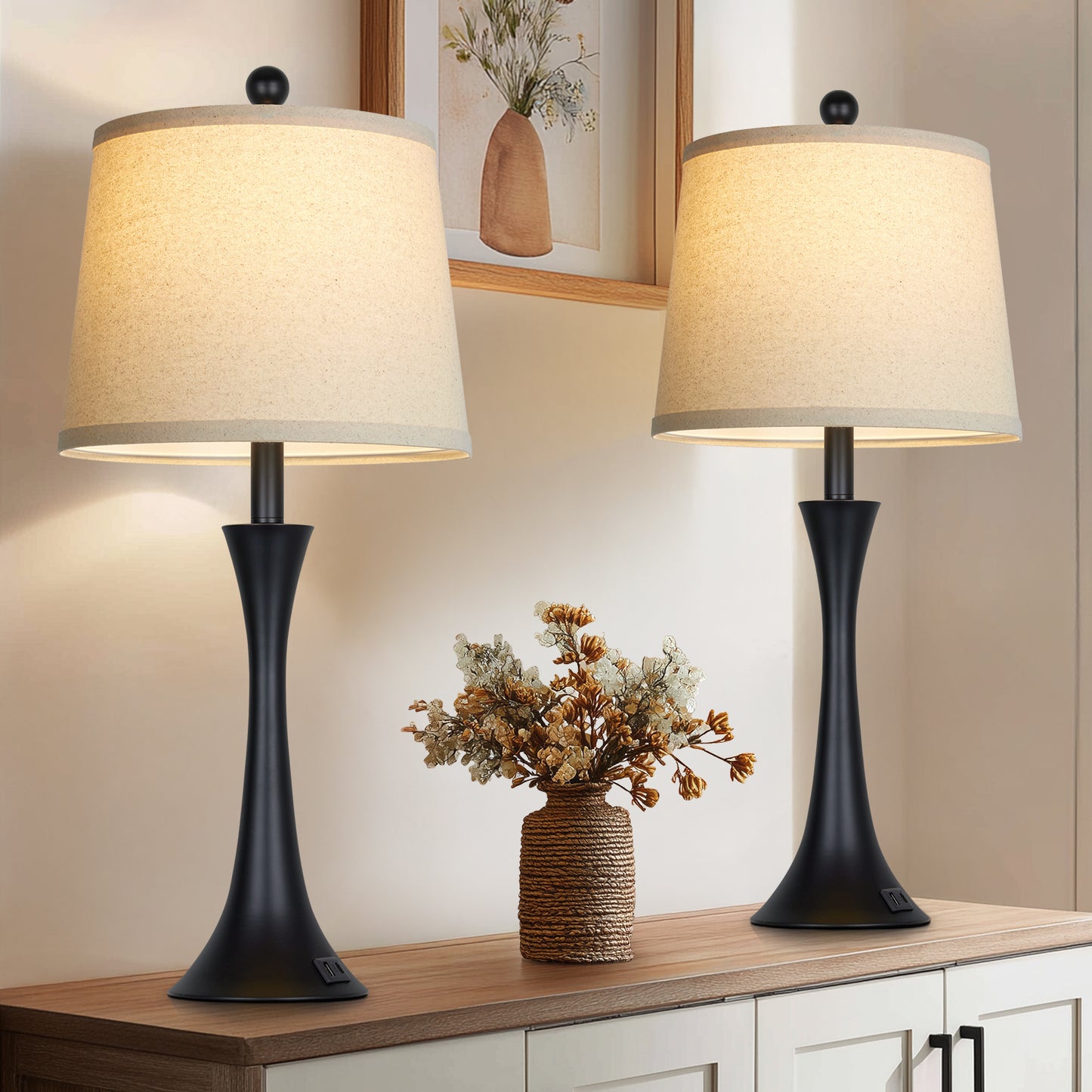 27.5'' Modern Table Lamp Pair – Beige Linen Shade, E26 Socket with Dimmable 9W 3000K LED Bulb, USB & Type-C Ports, 3-Level Touch Control (Set of 2)