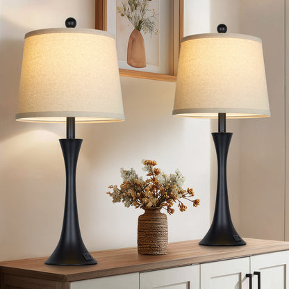27.5'' Modern Table Lamp Pair – Beige Linen Shade, E26 Socket with Dimmable 9W 3000K LED Bulb, USB & Type-C Ports, 3-Level Touch Control (Set of 2)
