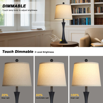 27.5'' Modern Table Lamp Pair – Beige Linen Shade, E26 Socket with Dimmable 9W 3000K LED Bulb, USB & Type-C Ports, 3-Level Touch Control (Set of 2)