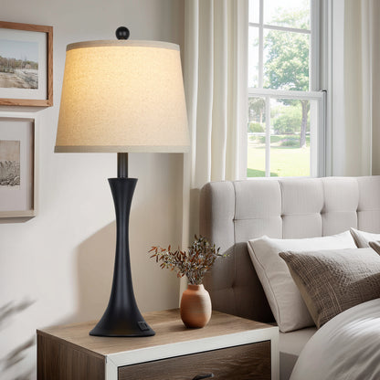 27.5'' Modern Table Lamp Pair – Beige Linen Shade, E26 Socket with Dimmable 9W 3000K LED Bulb, USB & Type-C Ports, 3-Level Touch Control (Set of 2)