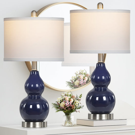 Navy Blue Ceramic Table Lamps with Gourd Lamp Body (Set of 2)