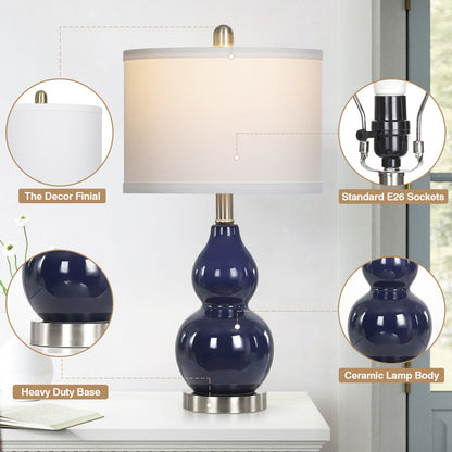 Navy Blue Ceramic Table Lamps with Gourd Lamp Body (Set of 2)