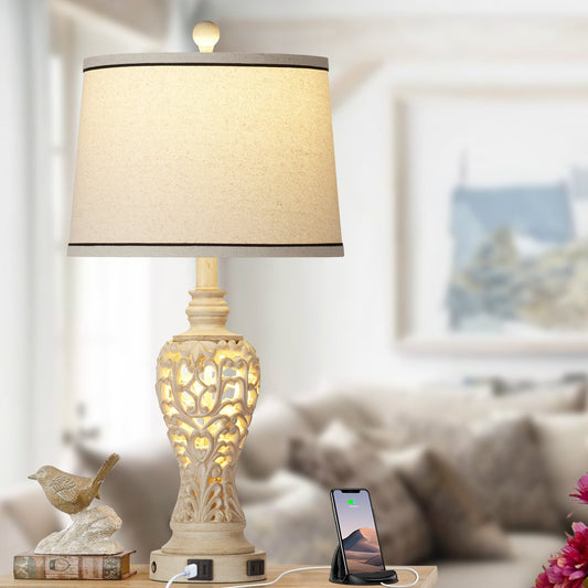 White Resin Nightlight Table Lamp 2in1 with USB Charging Port (Set of 2)