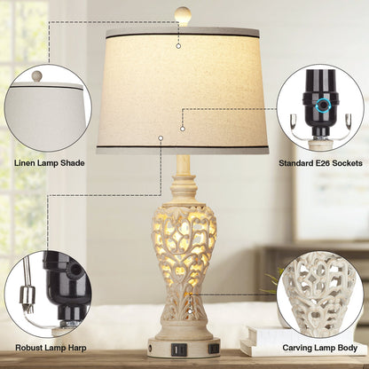 White Resin Nightlight Table Lamp 2in1 with USB Charging Port (Set of 2)