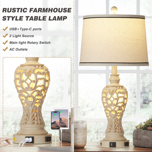 White Resin Nightlight Table Lamp 2in1 with USB Charging Port (Set of 2)