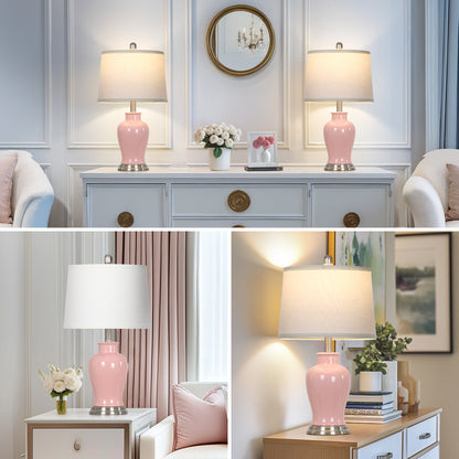 23-Inch Pink Ceramic Ginger Jar Table Lamp with White Fabric Shade and LED Bulb