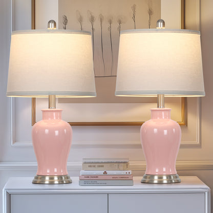 23-Inch Pink Ceramic Ginger Jar Table Lamp with White Fabric Shade and LED Bulb