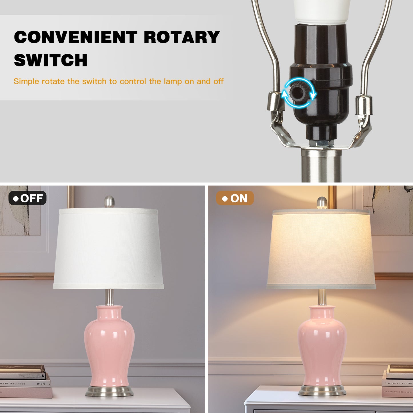 23-Inch Pink Ceramic Ginger Jar Table Lamp with White Fabric Shade and LED Bulb