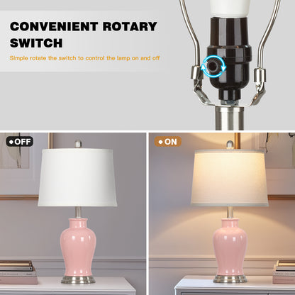23-Inch Pink Ceramic Ginger Jar Table Lamp with White Fabric Shade and LED Bulb