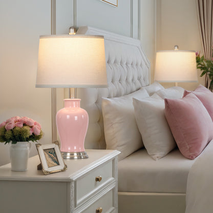 23-Inch Pink Ceramic Ginger Jar Table Lamp with White Fabric Shade and LED Bulb