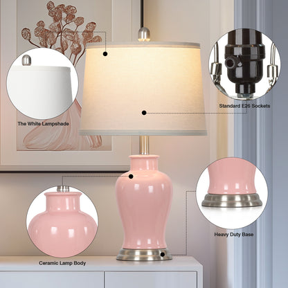 23-Inch Pink Ceramic Ginger Jar Table Lamp with White Fabric Shade and LED Bulb