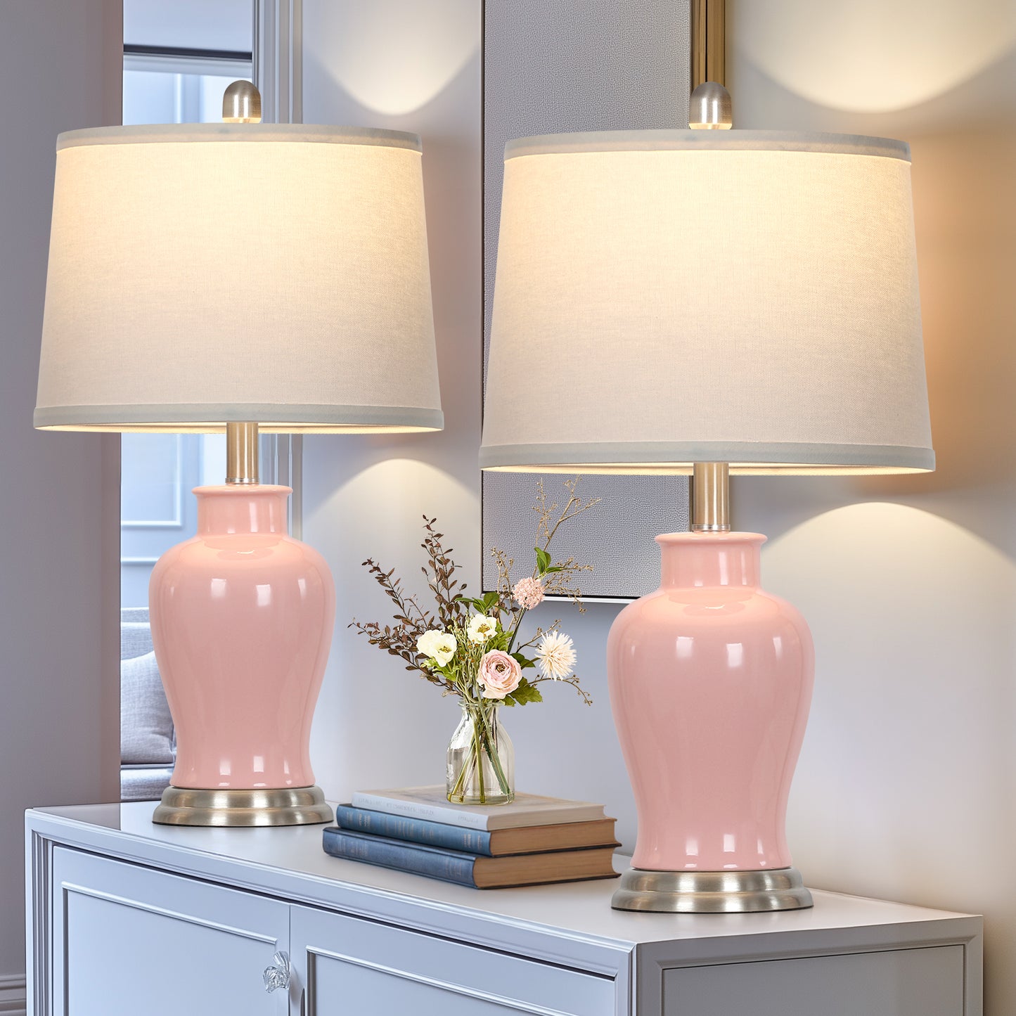 23-Inch Pink Ceramic Ginger Jar Table Lamp with White Fabric Shade and LED Bulb
