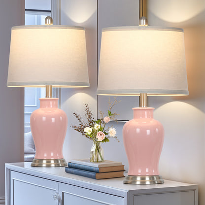 23-Inch Pink Ceramic Ginger Jar Table Lamp with White Fabric Shade and LED Bulb