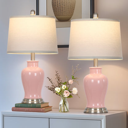 23-Inch Pink Ceramic Ginger Jar Table Lamp with White Fabric Shade and LED Bulb