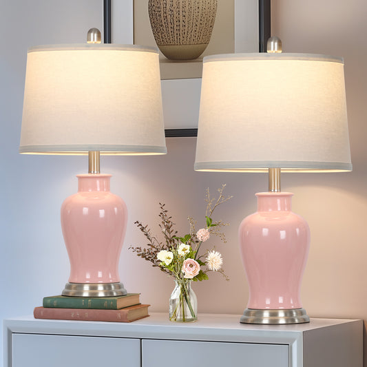 23-Inch Pink Ceramic Ginger Jar Table Lamp with White Fabric Shade and LED Bulb