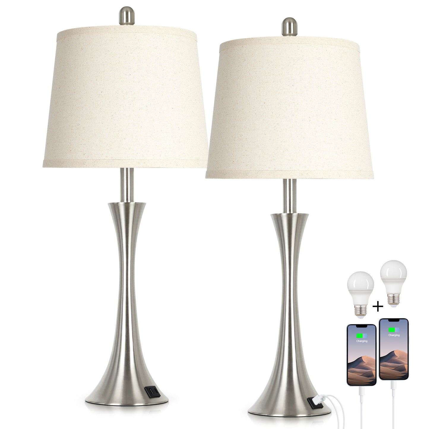 27.5'' Bedside Modern Table Lamp Oatmeal Linen Shade, Silver Nickel Base, E26 LED Dimmer Bulb, USB & Type-C Charging, Touch Switch (Set of 2)