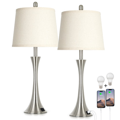 27.5'' Bedside Modern Table Lamp Oatmeal Linen Shade, Silver Nickel Base, E26 LED Dimmer Bulb, USB & Type-C Charging, Touch Switch (Set of 2)