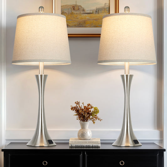 27.5'' Bedside Modern Table Lamp Oatmeal Linen Shade, Silver Nickel Base, E26 LED Dimmer Bulb, USB & Type-C Charging, Touch Switch (Set of 2)